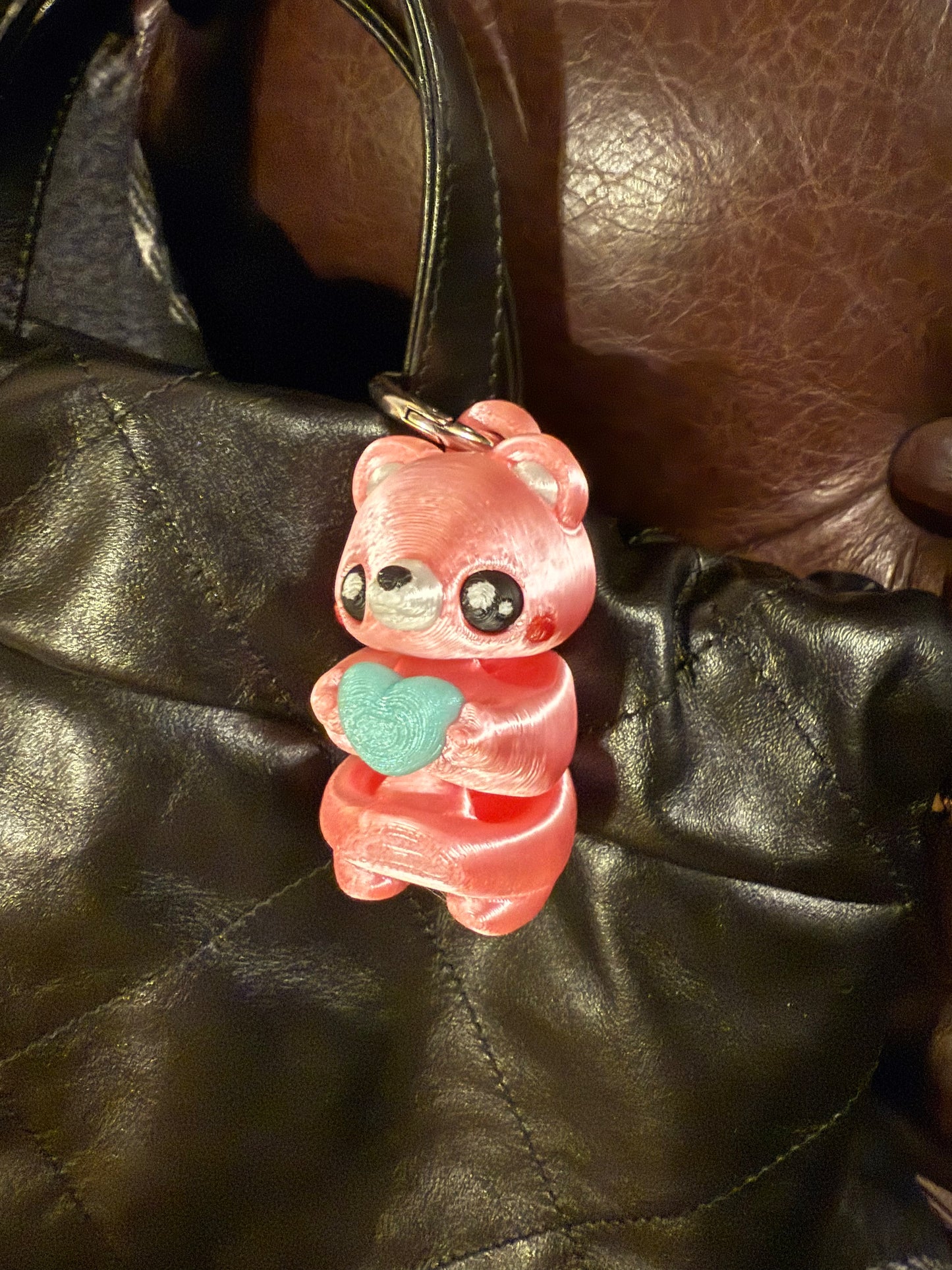 3D printed articulated cute silky PINK Bear with green heart keychain