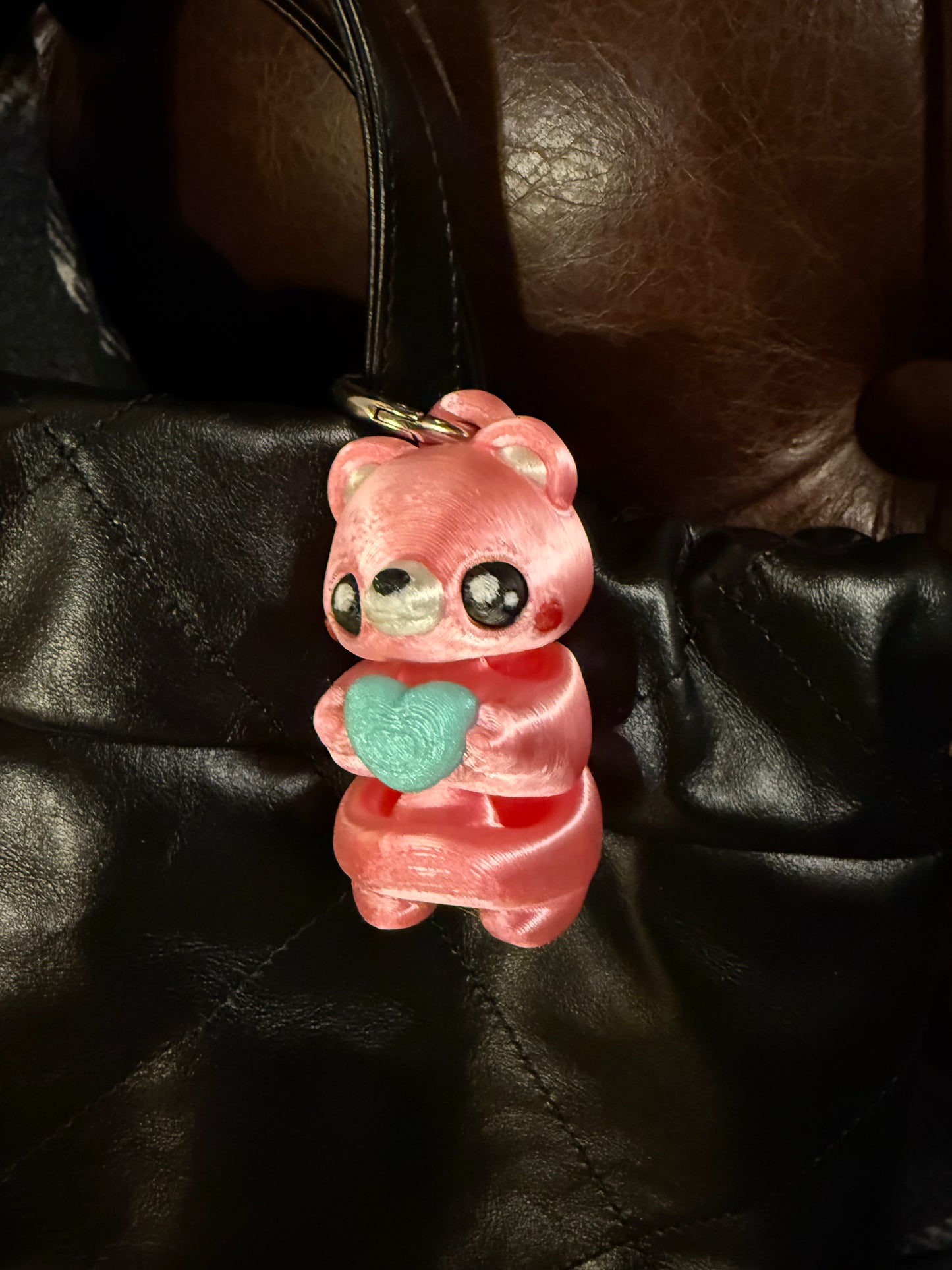 3D printed articulated cute silky PINK Bear with green heart keychain