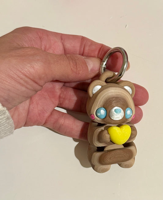 3D printed articulated cute shades of Brown Bear with yellow heart keychain